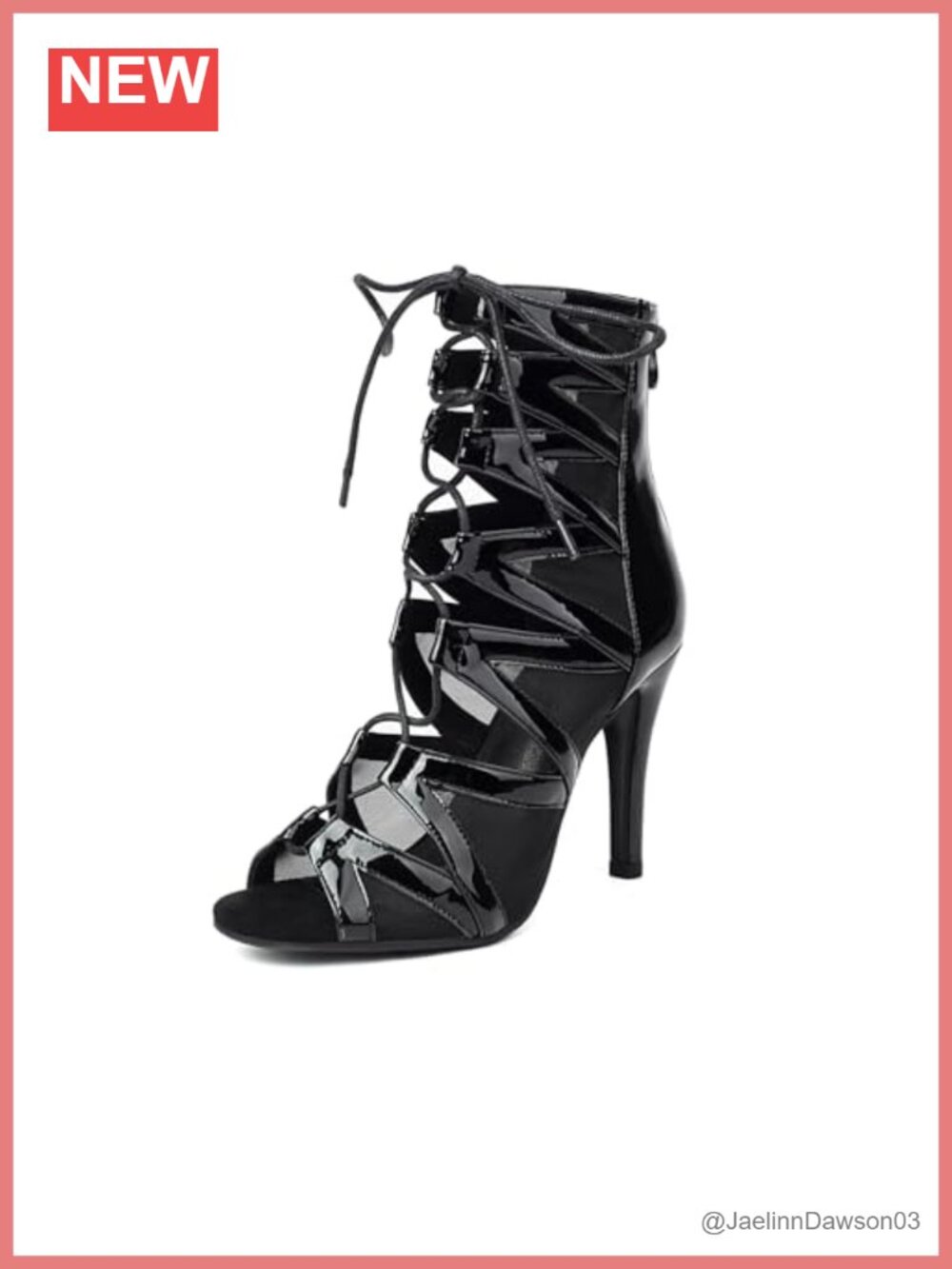 Patent Leather Open Toe Ballroom Dance Boots Lace Up Heels Rubber Sole Ankle